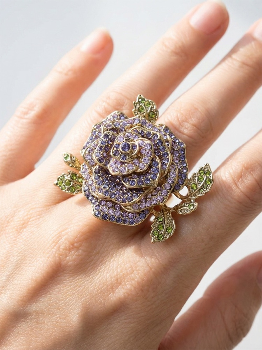 Heidi Daus Gold-Tone Purple Rose Statement Ring with Green Accents